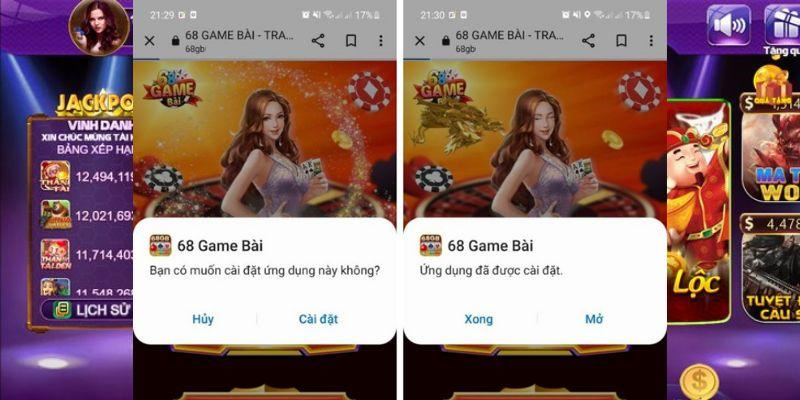 Cài đặt app 68gb thành công, mở app để chơi game