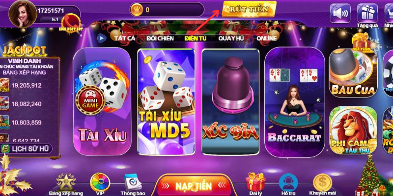 Chọn Rút tiền ở trang chủ của 68 game bài