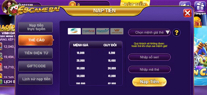 Các lỗi nạp, rút tiền 68 game bài thường gặp