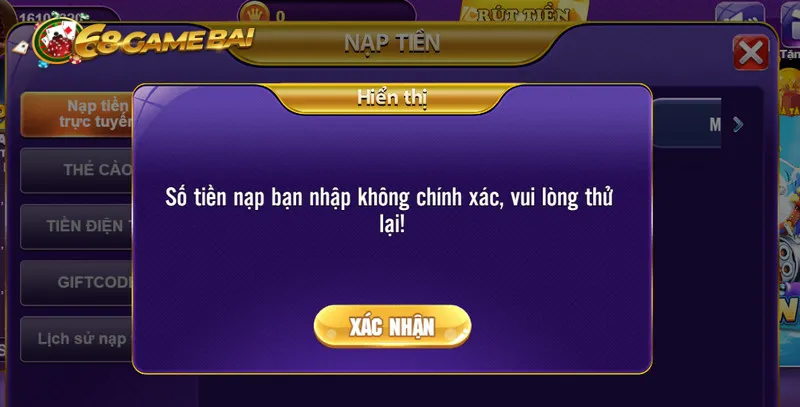 Lỗi nạp tiền 68 game bài do điền sai thông tin